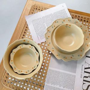 Plates Milk Yellow Bowl French Small Floral Rice Dinner Plate Ins High-end Breakfast Cake Ceramic Tableware