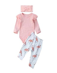 Nyfödda spädbarnskläder Autumn Baby Girl Clothes Set Pink Ruffle Long Sleeve Tops Cartoon Flamingo Pants pannband kläder LJ2012231649222