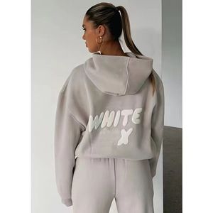 WF-Donna Lettera da donna Stampa 2 pezzi Completi FOX Collo ad anello Lungo NERO BIANCO Felpa con maniche e pantaloni Set Tuta A3