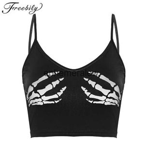 Damen Tanks Camis Sexy Club Frauen Sommer Crop Top Punk Y2K Harajuku Schwarze Ärmellose Menschliches Skelett Schädel Hand Gedruckt Strumpfhosen Weste Femmeephemeralew