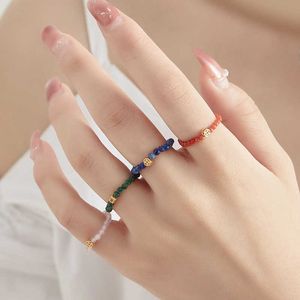 2024 New Age Jewelry Designer Band Rings Ultrafine 2mm Mini S925 Silver Natural Rainbow Tourmaline Ring Pearl Crystal Texture Blessing Good Luck