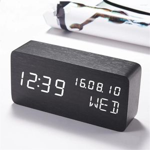 Relógios de mesa led despertador de madeira desktop digital com data temperatura usb plug-in multifuncional mesa elétrica decoração para casa