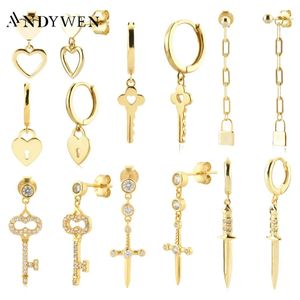 Andywen 925 Sterling Silver Gold Heart Key Cross Chain Drop Earring Piercing Luxury Jewelry Women Wedding Party Jewels Gift 240113