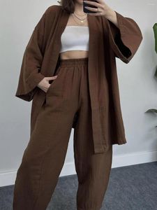 Pantalones De Dos Piezas Para Mujer Traje Informal Suelto Drapeado Sólido Pijamas De Mujer Kimono De Moda Pantalones De Cintura Alta De Manga Larga 2 Piezas Ropa De Dormir Femenina