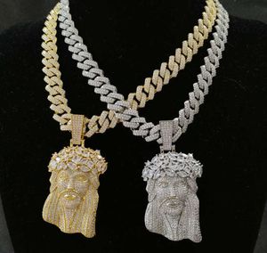 Designer Iced Out CZ Jesus Head Fashion Pendant Necklace, Gold Plated, kommer med 13 mm diamant kubansk kedjelänk