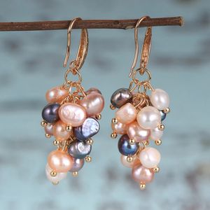Women Natural Freshwater Pearls Grape Dangled Drop Earrings White Pink Black Baroque Pearl France Copper Earring Hook Jewelry 240113