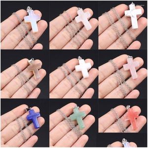 Pendant Necklaces Natural Stone Necklace Gemstone Cross Shape Exquisite Charms For Jewelry Making Diy Simple Bracelet Accessories Dro Dhh7Q