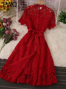 EWQ French Stylish Hollow Out Lace Vestido Women Elegant Solid Open Stitch Lace-up Evening Dress Summer SN0183 240112