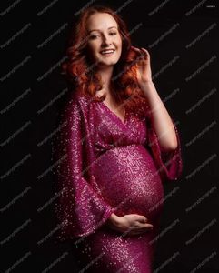 Vestidos casuais mulheres brilhantes maternidade mangas puff sereia forma v pescoço comprimento longo plus size gravidez vestidos