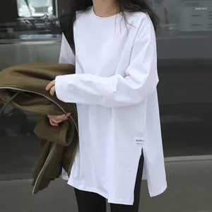 Women's T Shirts Solid Color Split Long-Sleeved T-Shirt 2024 Korean Spring And Autumn Ladies Casual Loose Tops Bottoming White