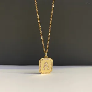 Pendant Necklaces Vintage Gold Color CZ Pave Initial Alphabe Letter Necklace Women Trendy Geometric Square Tag A-Z Charm Chain Choker