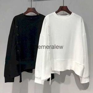 Women's T-Shirt Long Sleeve T Shirts Women Autumn Trendy Solid Color T-shirt Korean Style Loose Fake Button Design Pullover Asymmetric Niche Topephemeralew