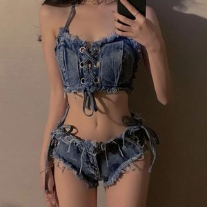 Sexy Blue Denim Bikinis Zestaw kobiecy na plaży wakacje z niskim risem Pasku podzielone stroje kąpielowe 240113