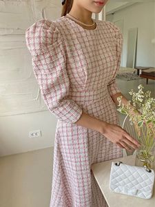 HMA Korean Chic French Style Spring Summer Tweed Dress for Women Celebrity Pink Plaid Woolen Dresses Vestidos 240112