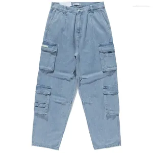 Men's Jeans Japanese Retro High Street Original Multi Pocket Overalls Light Blue Washed Worn Loose Straight Long Men