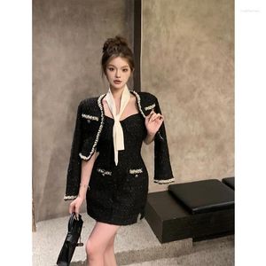 Work Dresses Two Piece Sets Womens Outifits Black Contrasting Tie Pocket Cardigan With Pearl Decoration Strap Short Backless Buttons