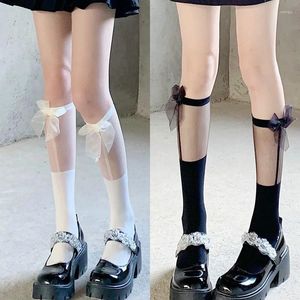 Kvinnors strumpor kawaii lolita länge efter band bågar transparent lapptäcke strumpor kvinnlig nät kalvstrump calcetines mujer