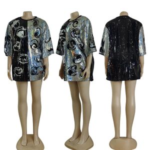 女性用半袖の輝く重工業のスパークリングスパンコールスプリングスプリングと夏のドレス、デザイナーラップヒップスカート、女性用ドレスW0048