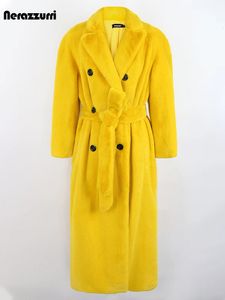 Nerazzurri зимний длинный желтый черный теплый Тренч из искусственного стриженного меха норки для женщин двубортное пушистое пальто с поясом 240112