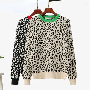 Suéteres femininos jumper outono inverno camisola de malha mulheres pulôver coreano moda oversized feminino lã leopardo jacquard