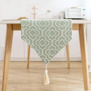 Elegant Jacquard Turquoise Cotton Linen Table Runner with Tassels Dresser Scarf for Home Party Wedding Dining Decor 240112