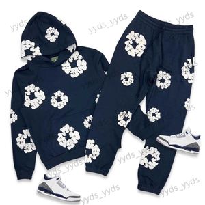 Erkek Trailtsits Streetwear denimtears y2k iki parçalı erkek hip hop köpük baskı büyük boyutlu kapüşonlu sweatshirt eşofman pantolon set spor giyim t240113