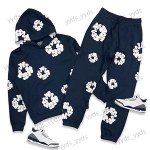 Homens Tracksuits Streetwear Denimtears Y2K Dois Peça Set Homens Hip Hop Espuma Impressão Oversized Hoodie Moletom Sweatpant Calças Casuais Set Sportswear T240113