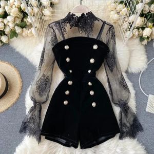 Casual Dresses Sexy Puff Sleeve Mesh Lace Double Breasted Jumpsuit Fashion Dress Outfit Women Short Wide Leg Bodysuit Beach Bohemia