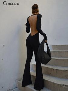 Sevimli katı siyah sırtsız bodycon geniş bacak tulum kadınlar sonbahar gündelik ince uzun kollu oneck playsuit bayan sokak kıyafeti 240112