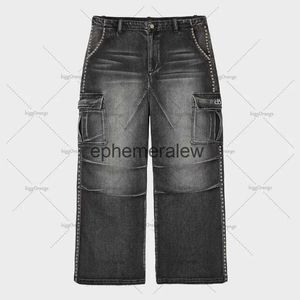 Mäns jeans europeiska och amerikanska hög midja pärlor överdimensionerade män y2k tvättade high street mode varumärke rakt brett ben pantsephemeralew
