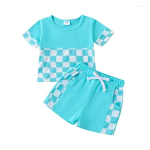 Giyim Setleri Bebek Bebek Yaz Kıyısı Damalı Baskı Kısa Kollu Yuvarlak Boyun T-Shirt Şortlu 2 PCS Kıyafet