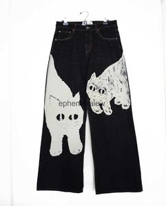 Women's Jeans Harajuku Y2K Street Apparel Super Large White Cat Print High Waist Straight Leg Pants Fashion Wideephemeralew