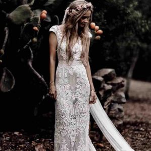 Lace Mermaid Hippie Vintage Wedding Dresses Short Sleeves Court Train V-neck Bohemian Bridal Gowns Elegant Country Vestido De Novia 2024 Summer