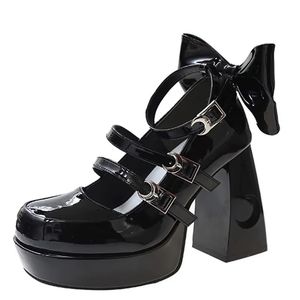 Platform Lolita Ayakkabı Yaz Toka Kayışı Platform Topuklar Pompalar Bowknot Kawaii Sevimli Siyah Mary Janes Kadın Topuklu Pompalar 240112