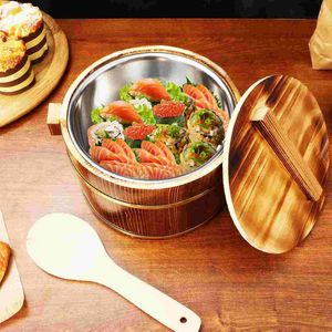 Dinnerware Sets Rice Barrel Sushi Bowl With Lid Mixing Bowls Wooden Bucket Cooling Cover Restaurant