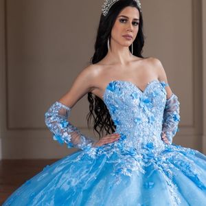 Sky Blue Ball Gown Off the Shoulder Quinceanera Dresses 2024 Beaded 3D Flower Applique Sweet 16 Dress Lace-up Corset Vestidos De 15 Anos