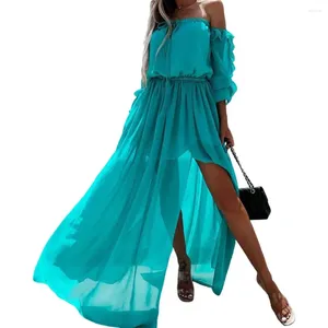 Sıradan Elbise Uzun Elbise Kadın Kapalı Omuz Şifon Dantel Up Düz Renk Fırfır Plaj Giyim Mavi/Turuncu
