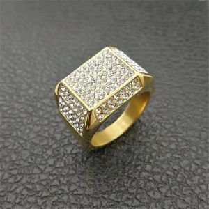 Mens Ring Iced Out Bling Jewelry Male Golden Color 14k Yellow Gold Pave Rhinestones Square Rings For Men Anillos
