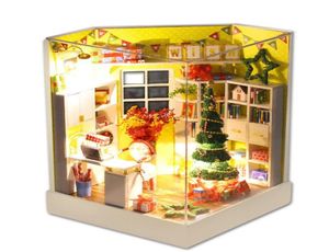 Christmas mini dollhouse with dust cover light books wooden miniatures figures diy doll house kits toys mainan rumah boneka Y200413066404