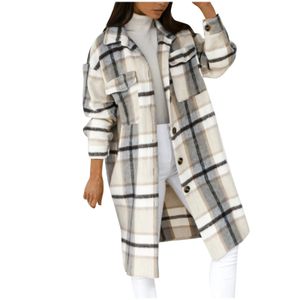 Kvinnors ytterkläder Fashion Plaid Woolen Coat Long Sleeve Plaid Print Button Open Front Long Cardigan Ytterkläder 240113