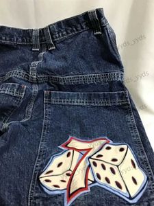 Dżinsy męskie JNCO dżinsy y2k harajuku hip hop Lucky Dice grafika haftowa retro niebieskie worki dżinsy dżinsowe spodnie damskie szerokie spodnie