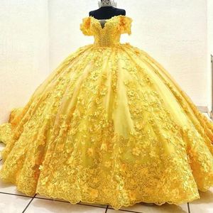 Платья 2022 Роскошные винтажные сексуальные желтые пышные платья Quinceanera с открытыми плечами и кружевными аппликациями с кристаллами и бисером 3D бальное платье с цветочными цветами