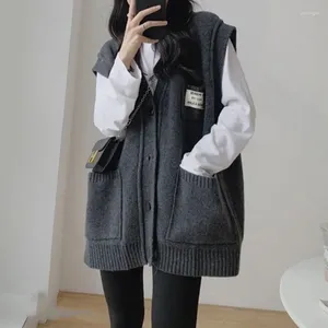 Women's Vests Korejepo Japanese Korean Casual Gray Pocket Sweater Cardigan Vest Jacket Autumn Winter Stacked V-neck Knitted Top