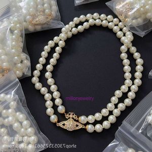 choker vivianeism westwoodism necklace Weiwei An Saturn Magnetic Buckle Double layered Pearl Necklace Light Luxury Elegance Clavicle Chain Neckchain