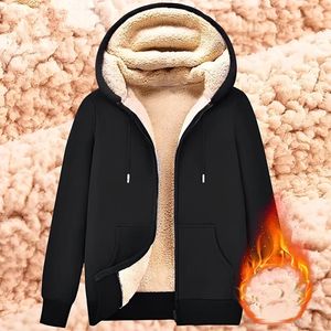 Modaya uygun sweatshirt ceket ön cepler sıcak fermuarlı kuzu yün ceket erkekler ve kadın kış saf renk peluş astarlı hırka hoodie 240112