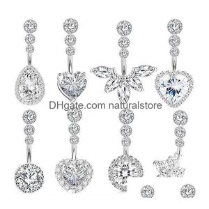 Navelklockknapp ringer Crystal Belly Button Ring för kvinna Navel Piercing Round Heart Zircon Stud Barbell Rostfritt stål Bar Y Bo Dhkud