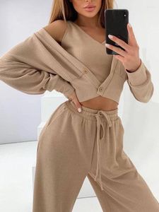 Women's Two Piece Pants Fall Ribbed Women 3 Set Lady Outfits Crop Tank Top & Drawstring With Buttoned Coat Suits Female Comfy Tracksuits