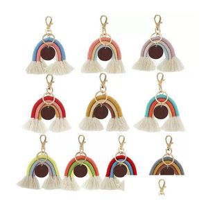 Keychains Lanyards Rainbow Tassel Key Chain Ring med DIY rund trä för kvinnor handgjorda nyckelringar pojkvän gåva tjej söt nyckelring dhqon