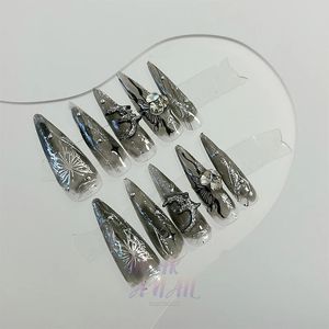 Handgjorda tryck på nagel svart stilettdesign naglar återanvändbar fjäril dekoration silver måne lyser bärbara konst naglar 240113