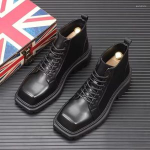 Boots England Style Mens Fashion Original läder Black Trend Square Toe Shoes Party Nightclub Dress Cowboy Platform Ankel Botas